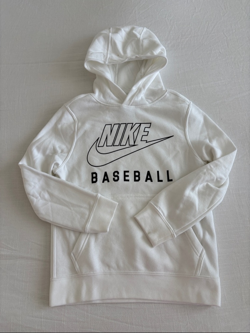 Nike White Hoodie with Black Swoosh and Baseball Print